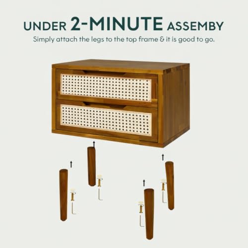 Image of Solid Wood Rattan Nightstand /Side Table /End Table, Fully Assembled, for Bohemian & Mid Century Style Bedroom and Living Room (Honey Finish)