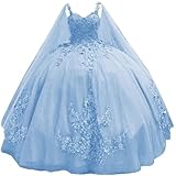 TRHTX Women's Spaghetti Straps Sky Blue Quinceanera Dresses Ball Gowns with Cape 2023 Sparkly Beaded Sweet 15 Dresses for Quinceanera Puffy Princess Lace Prom Dresses Size 8