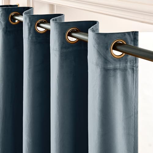 Image of Blackout Dark Slate Velvet Curtains Grommet 52x90 Inch 2 Panels | Soft Velvet, For Bedroom & Living Space, Light Shifting Texture, Elegant Drape, Serene, Fresh