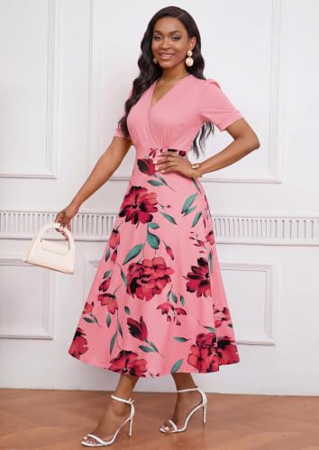 Image of MarryUP Women's Midi Dresses - V Neck Cocktail & Church Tea Dresses - Short Sleeve A-Line Swing Dress
