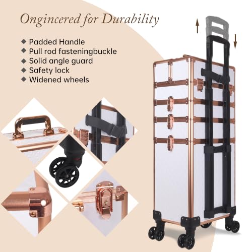 Image of 5 in 1 Rolling Makeup Train Case Professional Cosmetic Trolley Large Storage Organizer on Wheels for Hairstylist Artist Nail Beauty Salon Barber White - Gold Frame
