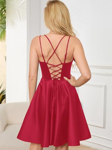 Image of Homecoming Dresses for Teens Knee Length Spaghetti Strap with Pockets Satin Backless Prom Dress
