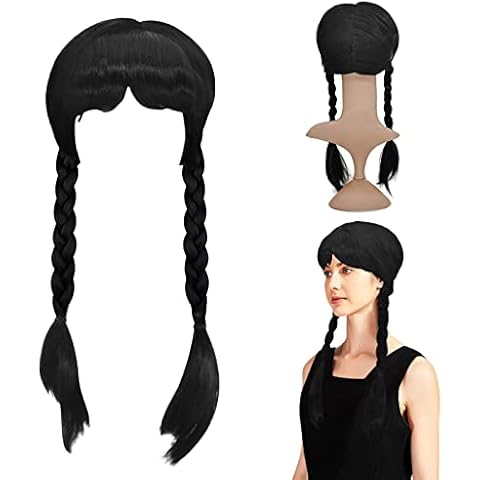 Wednesday Addams Cosplay Wig, Braided Black Plaited Wig, Addams Wig for Children, Addams, Cosplay, Carnival, Black, Long Braided Braids for Halloween, Cosplay Party Cover