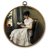 Mcehtle Vintage Women Reading Wall Art Decor, Retro Female Bookish Book Lover Gifts Framed Canvas Prints 10x10, Moody Minimal Round Wall Hanging Artwork Decorations for Bedroom Living Room