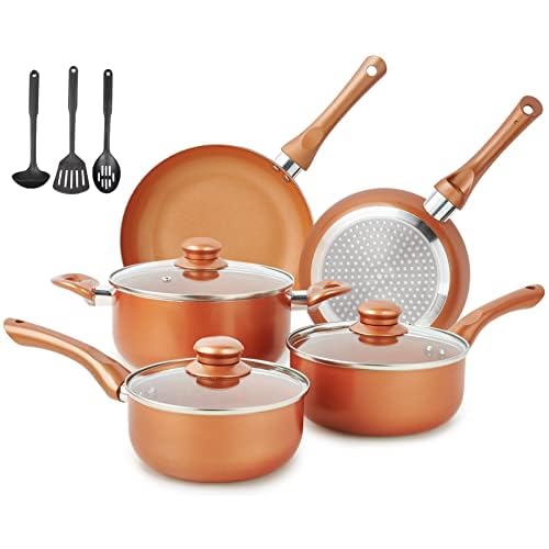 M MELENTA Pots and Pans Set Non Stick, 11pcs Ceramic Nonstick Cookware Set Induction Cookware, Pots and Pans with Frying Pan, Sauce Pan, Cooking Pot, Kitchen Utensils, 100% PFOA Free, Copper