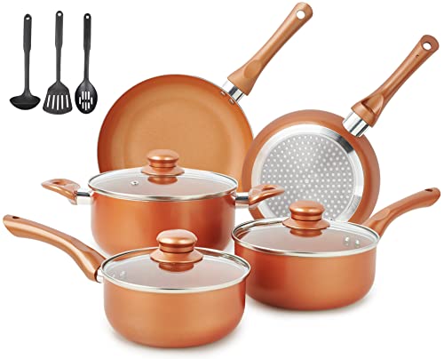 M MELENTA Pots and Pans Set Ultra Nonstick, Pre-Installed 11pcs Cookware Set Copper with Ceramic Coating, Stay cool handle & Nylon Kitchen Utensils, Gas/Induction Compatible, 100% PFOA Free by M MELENTA - Used condition - US$50.45