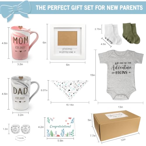 Image of New Parents Gift Set Est 2027 Pregnancy Announcement Gifts for Couples-First Time New Mom Basket for Baby Shower Gender Reveal-Mom & Dad Mugs, Decision Coin, Baby Ultrasound Frame, Onesie, Bib, Socks