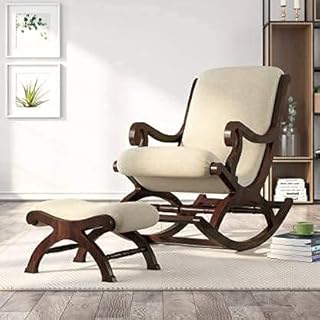 Solid Sheesham Wood Rocking Chair with Ottoman – Ergonomic Upholstered Glider Rocker, High Back Support, Comfortable Armrests for Living Room/Nursery/Bedroom (Beige Cushion)