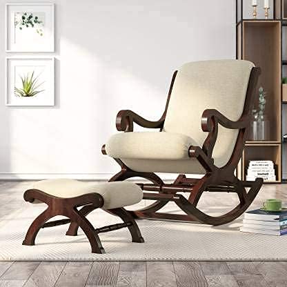 ND EURO HANDICRAFT Rose Wood Rocker Rocking Lounge Chair Recliner Relaxation Lounge Recliner Seat with Armrest for Adult Include Footrest (Cream)