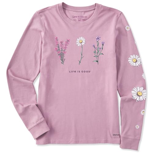 Life is Good Women's Crusher Tee, Long Sleeve Cotton Graphic T-Shirts, Wildflower Dragonfly Violet Purple