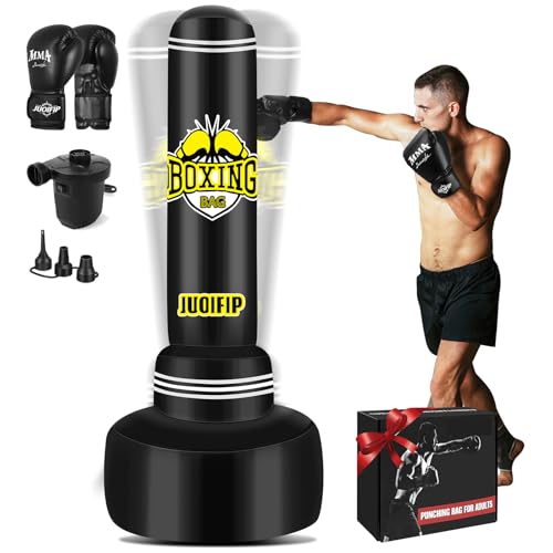 JUOIFIP Saco de Boxeo 180cm- Saco de golpeo de pie con Guantes de Boxeo y Bomba de Aire eléctrica, Mujeres Hombres de pie Kickboxing Bolsas para Entrenamiento MMA Muay Thai Fitness