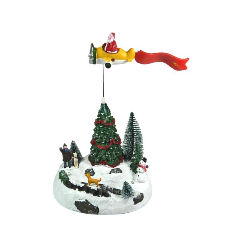 BESCH Escena de Navidad Avión de Papá Noel 13x16x18cm con Iluminación, Música y Movimiento - Pueblo de Navidad con Musica - Decoracion Navideña