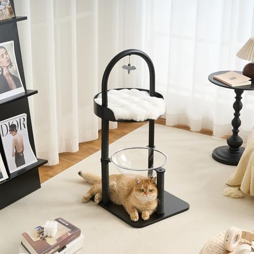 Modern Cat Tree, Wood Cat Tower with Steel Frame, Scratching Posts, Cat Capsule, Plush Mat, Bell Dangling Toy, Aesthetic Minimalist Heavy-Duty Cat Climbing Tree for Large Indoor Adult Cats-Black