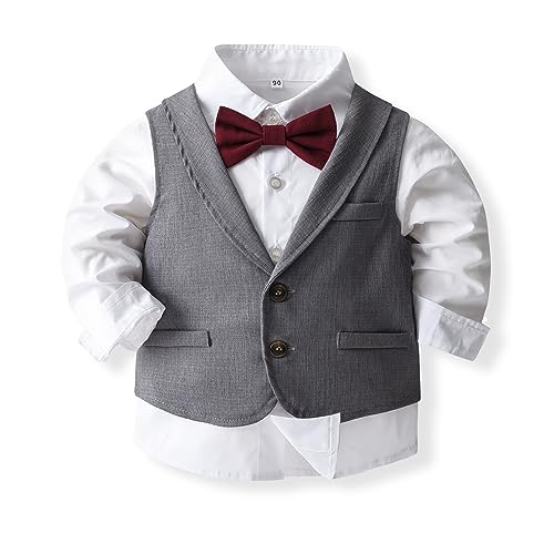 Image of Baby Boys Gentleman Formal Suit Set with Vest, Pant, Shirt, and Bow Tie, Weding 4Pcs Outfit