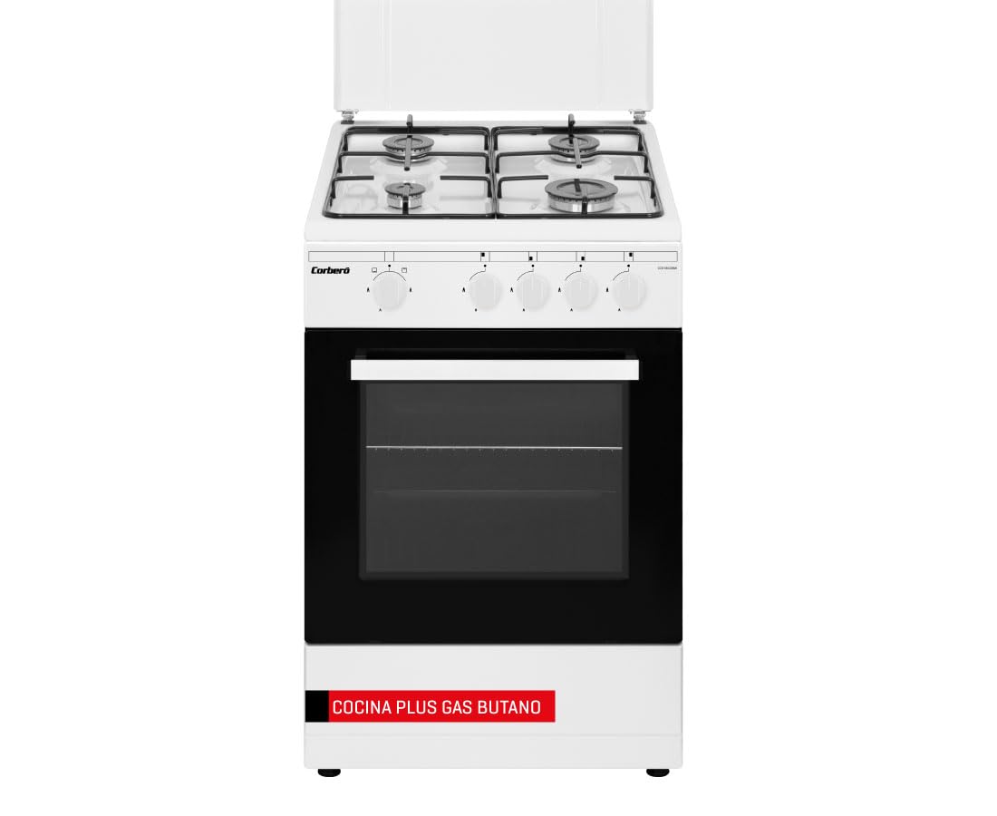 Corberó - Cocina Gas Butano Excellence | 60 cm | CCSF60420BW | 4 Fuegos | Horno 55L con puerta doble cristal | Cajón Calientaplatos | Tapa Fogones Cristal | Kit Conversión Gas Natural | Blanco