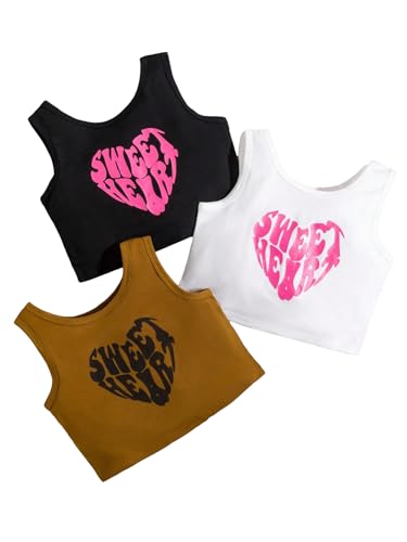 WDIRARA Girl's Casual Letter Print Crop Tank Top 3 Pcs Round Neck Tank Set Kids Summer Outfits