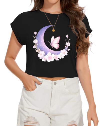 Image of Womens Crop Tops Summer Roll Cap Sleeve Cropped Tshirt Loose Fit Basic Tees
