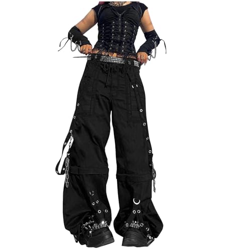 Pantalon large évasé femme taille haute style punk Y2K en tulle imprimé