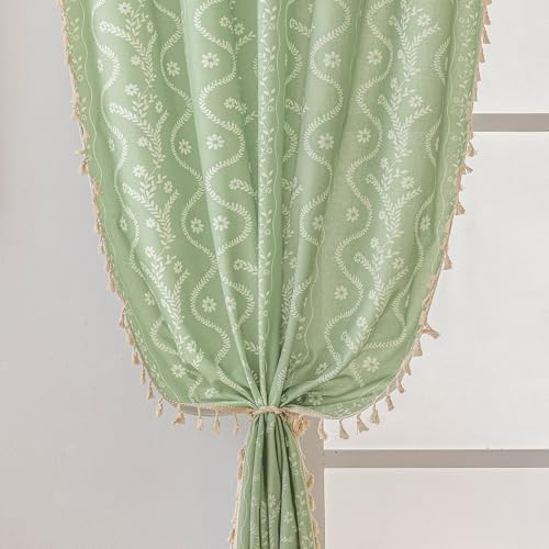 Image of Boho Curtains 84 Inch Long for Living Room, Bedroom, 2 Panels Floral Farmhouse Vintage Tassel Semi Sheer Light Filtering Privacy Window Curtain Drapes with Rod Pocket,Light Green