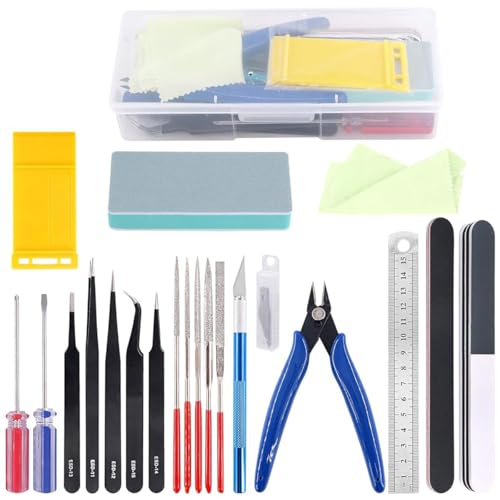 Image of Serplex 21Pcs Gundam Model Tools Kit with Box Multi-purpose DIY Hand Craft Tools with Screwdriver, Tweezers, Diamond File, Engraving Cutter, Scissors, Stainless Steel Ruler, Polishing File, More