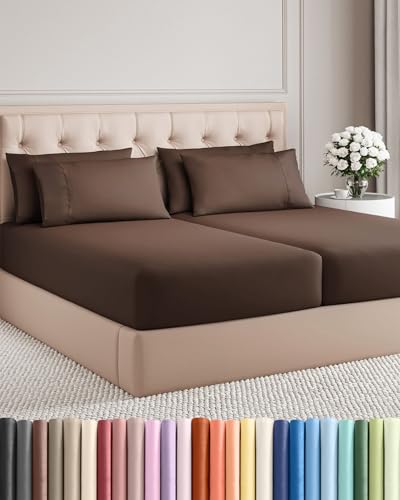 Image of Split King 7 Piece Bed Sheet Set - Comfy, Breathable & Cooling - Brown | Ultra-Soft Hotel Luxury Bedding Set w / 8-16 Inch Deep Pockets, 1 Flat & 2 Fitted Sheet & 4 Pillowcases, Wrinkle & Fade Free