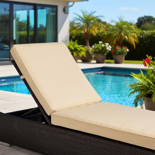 Image of DEVOKO Outdoor Rattan Wicker Sun Lounger Recliner for All Weather Comfort with Durable Metal Frame Ideal for Garden, Deck, Lawn, Poolside (Dark Brown & Cream)