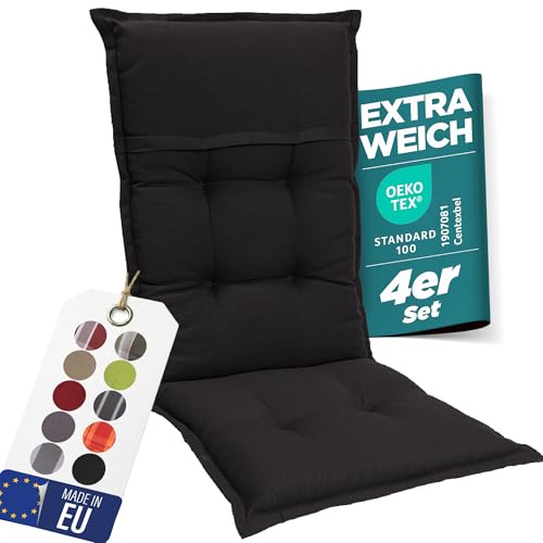 gardisun Gartenstuhlauflagen Hochlehner I Extra Dicke Sitzauflagen I Made in EU I Polsterauflagen für Hochlehner Gartenstuhl I Auflagen mit hoher Lichtechtheit I 4er Set I Schwarz