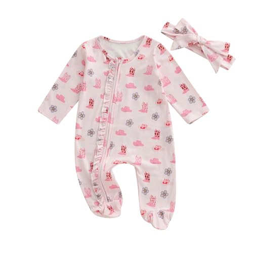 Newborn Baby Girl Western Clothes Cowgirl Boots Footie Romper Rodeo Country Zipper jumpsuit Fall Winter Clothes