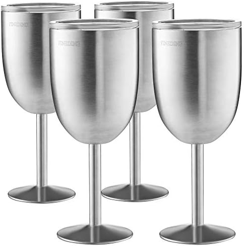 FineDine Premium-Grade 18/8–Stainless Metal Wineglasses 12 Oz. Double-Walled Insulated Unbreakable Goblets Stemmed Wineglass BPA-Free Leak-Resistant Lid for Purple White Wine, Brushed Metallic (Set of 4)