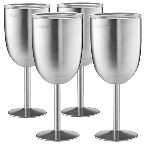 FineDine Premium-Grade 18/8â€“Stainless Steel Wineglasses 12 Oz. Double-Walled Insulated Unbreakable Goblets Stemmed Wineglass BPA-Free Leak-Resistant Lid for Red White Wine, Brushed Metal (Set of 4)