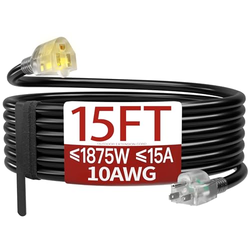 Image of 15 FT 10 Gauge Extension Cord Outdoor, Heavy Duty Weatherproof & Flame Retardant Black 3 Prong Power Cord with Light, Outside for Lawn & Garden, 15 Amps 1875 Watts 125 VAC 10AWG SJTW, ETL Listed