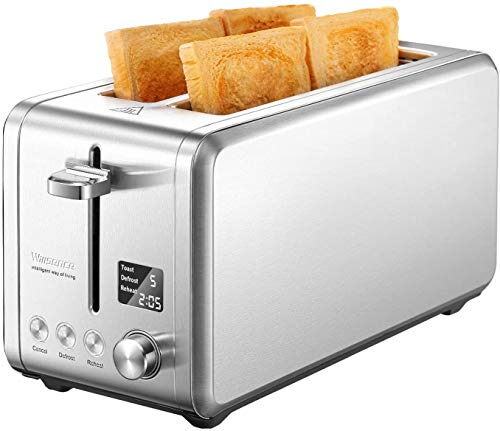 Tostadora 4 rebanadas con pantalla LCD, 9 niveles de tostado, 1500 W, tostadora de acero inoxidable con ranuras extra grandes, función de descongelación y calentamiento