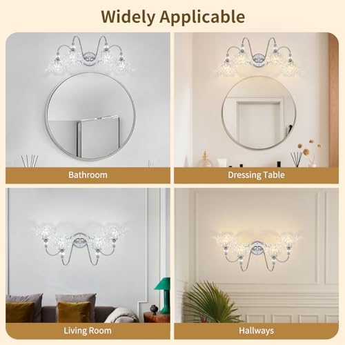 Image of Brushed Chrome 4-Light Bathroom Vanity Light with Floral Clear Glass Shades, Modern Wall Mount Lighting for Bathroom, Dressing Table