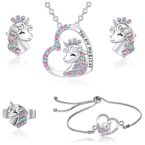 UYDF Einhorn Kinderschmuck Set für Mädchen Einhörner Halskette Unicorn Armband Kette Ring Ohrring Kinder Halsketten Set Süße Prinzessin Ankleiden Geburtstag Geschenk für Kindern Tochter Geschenkideen Cover
