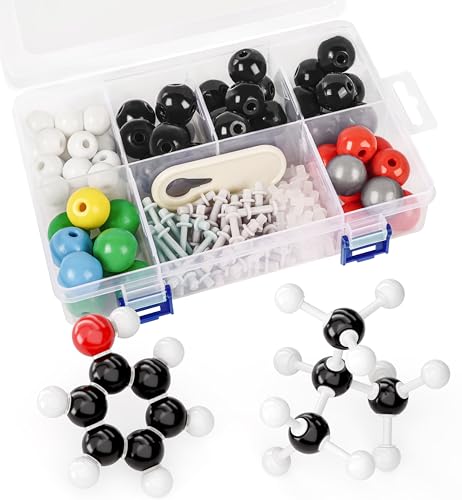 Set completo da 124 pezzi: il kit modello atomico include 61 atomi, 63 legami, uno strumento di rimozione delle maglie e un manuale utente per esplorare la maggior parte delle strutture molecole da composti semplici a polimeri complessi.