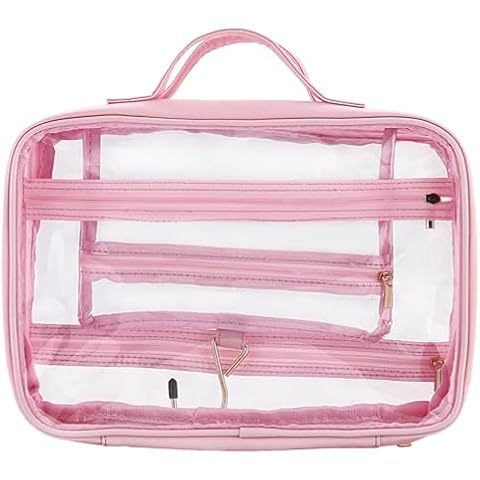 Greaciary Clear Toiletry bag with Hanging hook,Water-resistant cosmetic makeup bag transparent Organizer for women men,Carry on Travel accessories essentials,Pink (Pink) Cover