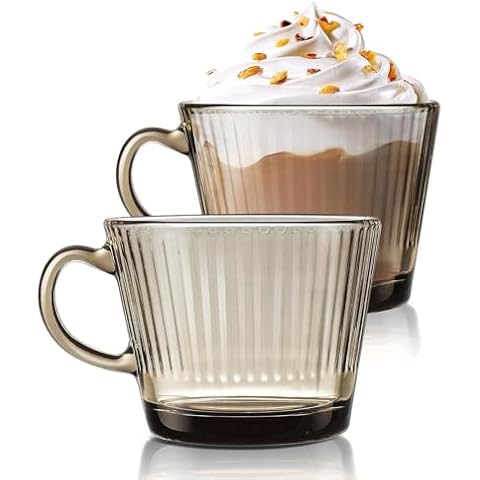 Joeyan Glass Coffee Mugs Cappuccino Latte Cups Tea Cup with Spoon,Amber Aesthetic Mug for Espresso Demitasse,Wide Mouth Ribbed Drinking Glasses for Milk Cereal Ice Cream,13.5oz,2 Pack,Dishwasher Safe Cover
