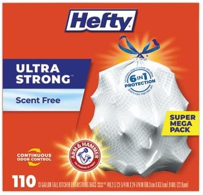 Hefty ultra strong tall kitchen and trash bags, 13 gal, 0.9 mil, 23.75" x 24.88", white, 110 bags/box, 3 boxes/carton