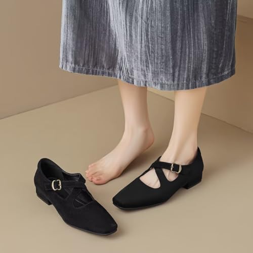 Hee grand Chunky Block Heels for Women Suede Closed Square Toe Cross Strap Mary Jane Shoes Comfortable Low Heel Office Pumps4