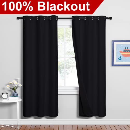 Image of NICETOWN 100% Blackout Window Curtain Panels, Full Light Blocking Drapes with Black Liner for Nursery, 72 inches Drop Thermal Bedroom Drapes and Curtains (Black, 2 Pieces, 42 inches Wide Per Panel)