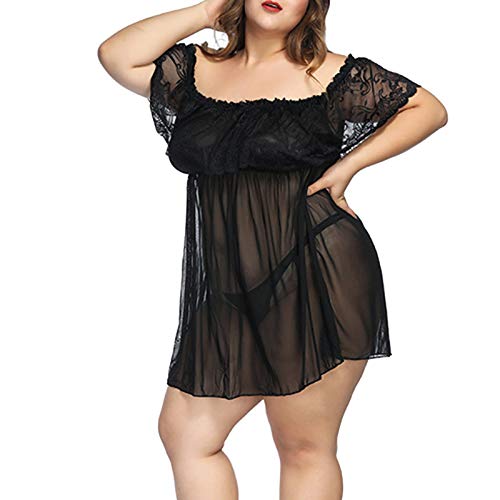 iQKA Women Sexy Lingerie Plus Size Chemise Nightgown Off Shoulder Sheer Babydoll Perspective Nightdress with G-String S-6XL(Black,4XL)