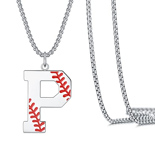 VEEHOO Baseball Necklace for Men Boys,Initial A-Z Letter Baseball Jewelry Pendant Baseball Gifts for Boys Boyfriend Coach Dad (Silver, P)
