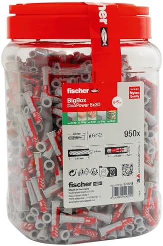 fischer DuoPower 6 x 30 in de BigBox, 950 universele pluggen, krachtige 2- componentenpluggen, kunststof pluggen voor bevestiging in beton, baksteen, gipsplaten, enz., zonder schroeven