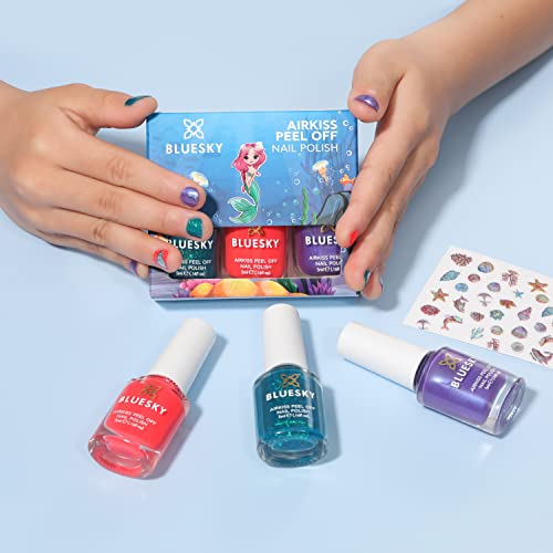 Image of BLUESKY Kids Peel Off Glossy Finish Nail Varnish Set | Red, Green, Purple | Easy Peel-Off, Non-Toxic, Water- Based, Odour-Free Nail Polish For Kids, Gift Set 3 X 5Ml With Stickers