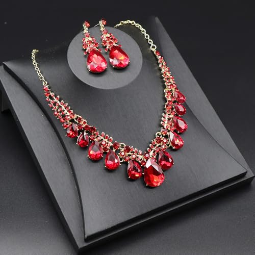 Qlavoca Crystal Teardrop Bridal Jewelry Set Rhinestone Bib Statement Necklace Dangle Earrings Women Costume Fashion Necklace for Wedding Prom (Red-Gold-Tone) by Qlavoca - Used condition - Image 4