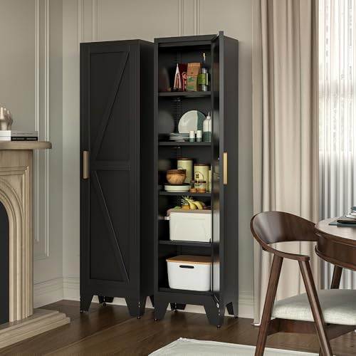 Image of LCAOPC 67 inch Tall Narrow Bathroom Metal Storage Cabinet with 4 Adjustable Shelves, Freestanding 5 Tier Slim Pantry Storage Cabinet for Small Space, Black