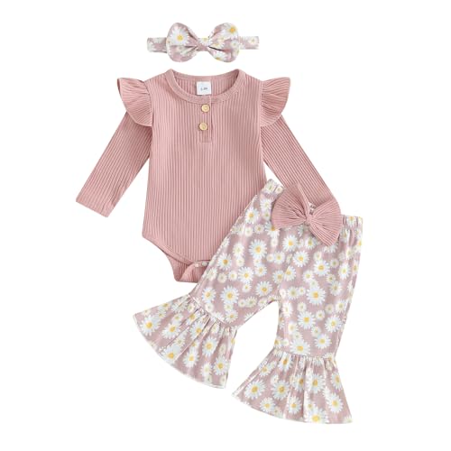 Image of fhutpw Newborn Baby Girl Clothes Rib Frill Long Sleeve Romper Daisy Flared Pants Headband Set 3pcs Fall Winter Outfits