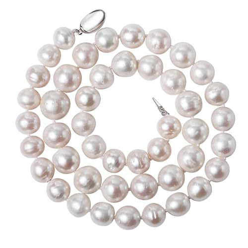 YAMI 11-12mm Natural White Freshwater Cultured Pearl Necklace for Women, 18"-24" Length Genuine Real Pearl Strand Necklace with 925 Sterling Silver Pea Clasp, Jewelry Gifts for Mom Grandmother