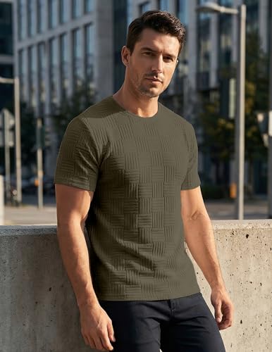 Image of JMIERR Mens T-Shirt Casual Stretch Solid Crewneck Short Sleeve Tees Textured Shirts