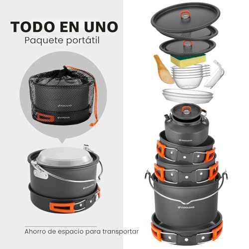 Odoland Kit de Utensilios Cocina Camping de 18 piezas para 1-5 Personas, Kit de Camping con 3 Ollas, 1 Sartén y 1 Hervidor, para Camping Senderismo Viajes Cocina al Aire Libre y Picnics - imagen 2